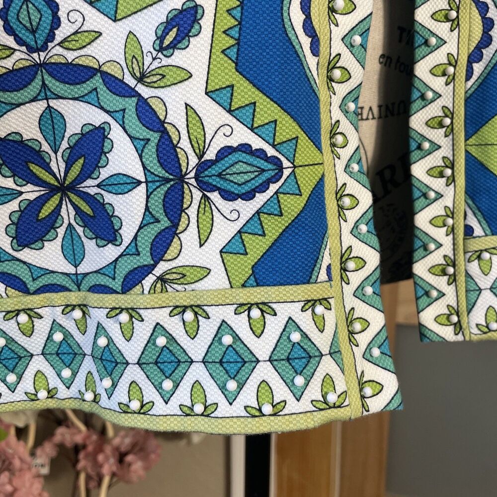 Chico's open front artsy colorful blazer size "2" blue 3/4 sleeve - Picture 6 of 9